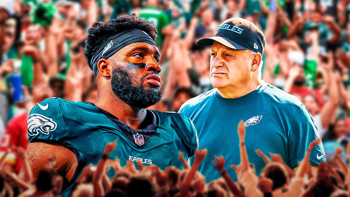 Eagles Vic Fangio and Bryce Huff in a sea of fans