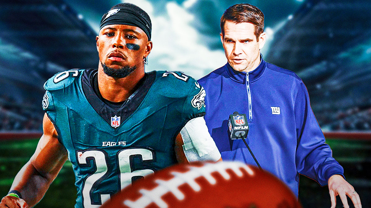 Philadelphia Eagles running back Saquon Barkley looking visibly frustrated, with a picture of New York Giants general manager Joe Schoen next to him.