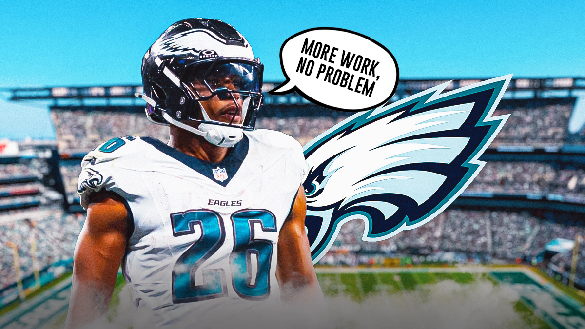 Saquon Barkley with speech bubble saying "More work, no problem" while facing Atlanta Falcons logo