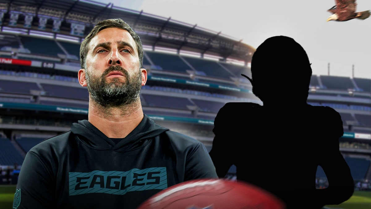 Nick Sirianni next to the blacked-out silhouette of Cooper DeJean with the Eagles stadium as the background.