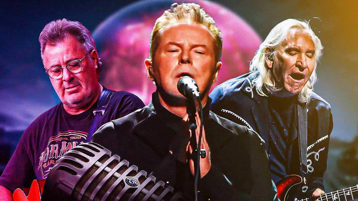 Eagles members Vince Gill, Don Henley, and Joe Walsh with Sphere background.