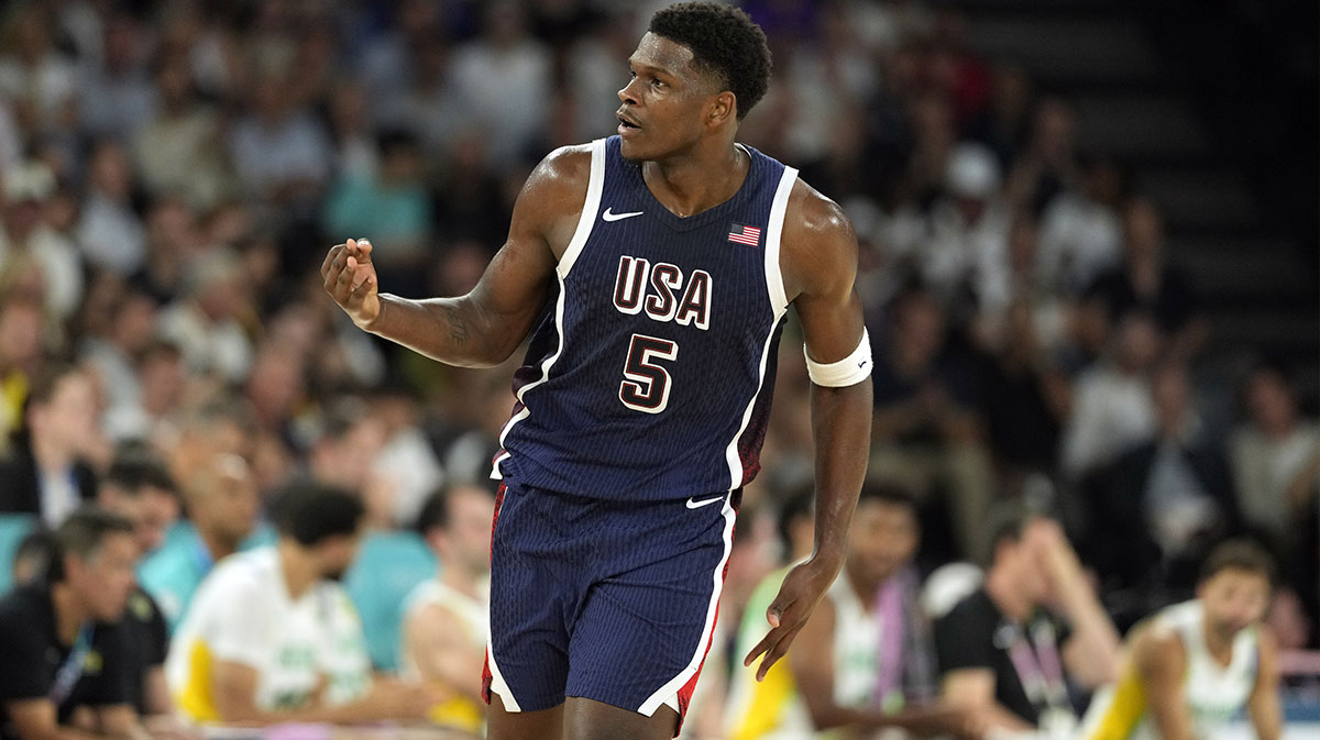 United States guard Anthony Edwards (5) reacts in the fourth quarter against Brazil in a men's basketball quarterfinal match at the Paris 2024 Summer Olympic Games at Accor Arena.