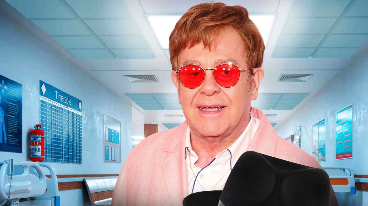 Elton John, who is recovering from an eye infection, with hospital in background.