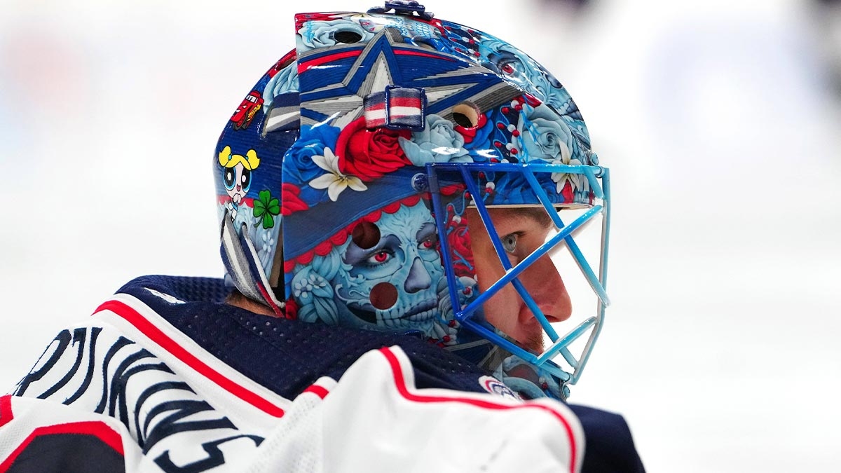 Columbus Blue Jackets goaltender Elvis Merzlikins (90) warms up before a game against the Vegas Golden Knights at T-Mobile Arena.