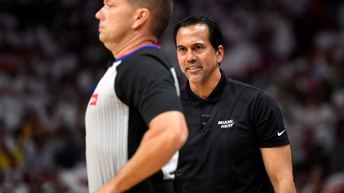 Miami Heat coach Erik Spoelstra tries to get an answer from referee John Goble during the first quarter of game four of the first round for the 2024 NBA playoffs at Kaseya Center.