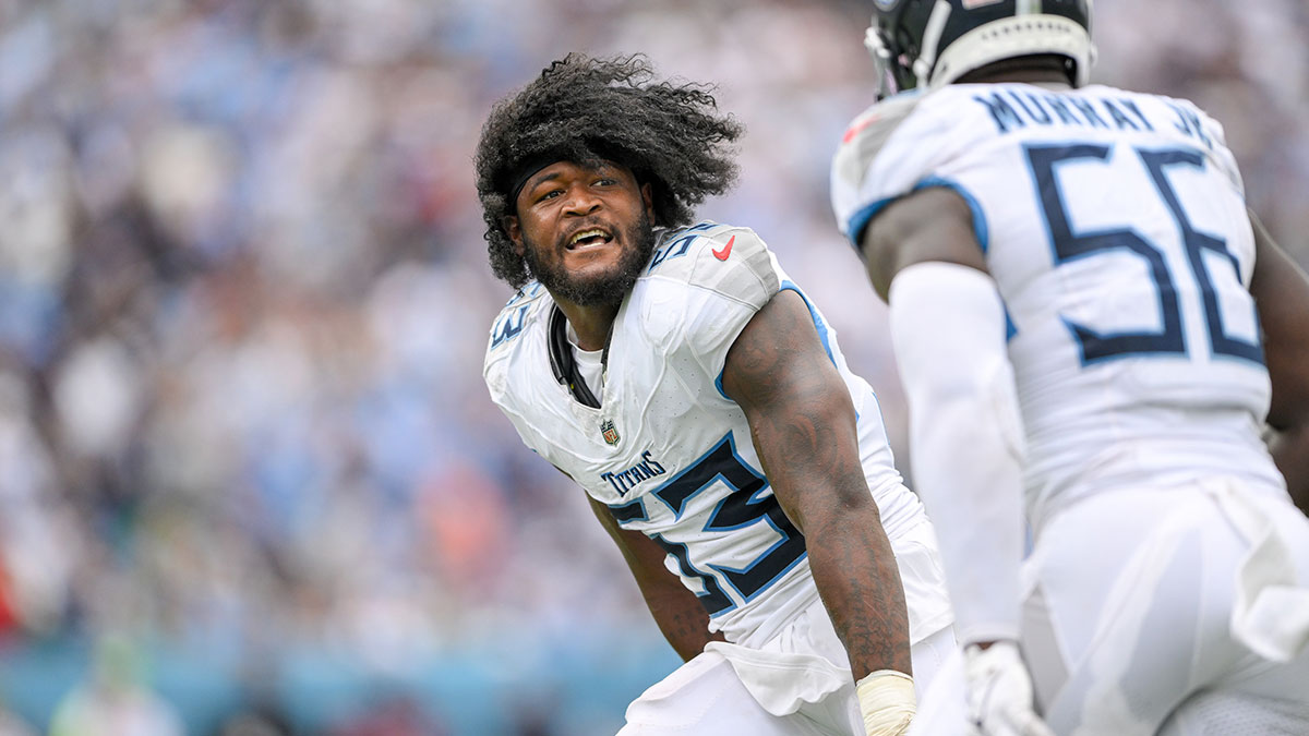 Tennessee Titans linebacker Ernest Jones, IV and linebacker Kenneth Murray Jr. (56) celebrate the big tackle against the New York Jets during the second half at Nissan Stadium.