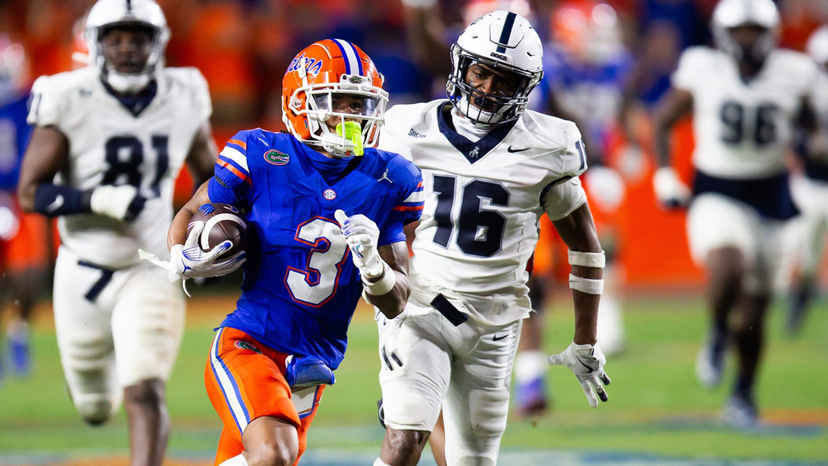 Florida Gators wide receiver Eugene Wilson III (3) runs for a touchdown during the second half to make it 38-7 after the extra point at Ben Hill Griffin Stadium in Gainesville, FL on Saturday, September 7, 2024 against the Samford Bulldogs. The Florida Gators won 45-7 over the Bulldogs.