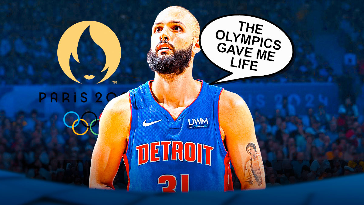 Detroit Pistons guard Evan Fournier with a thought bubble that says "The Olympics gave me life", while the 2024 Olympic Logo is in the background.