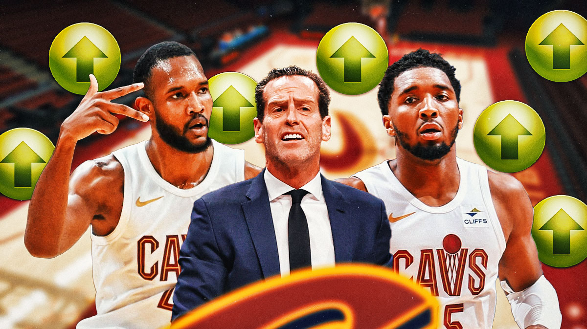 Evan Mobley, Donovan Mitchell, and Kenny Atkinson, together with level-up arrows all over, featuring a Cavs-themed BG.