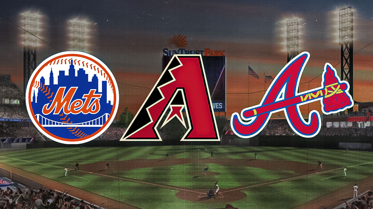 New York Mets logo on left side, Arizona Diamondbacks logo in center, Atlanta Braves logo on right side, Truist Park (home stadium of the Atlanta Braves) in background
