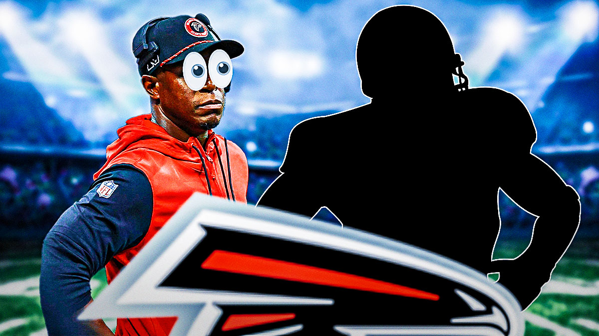 Raheem Morris on one side with the big eyes emoji over his face, a silhouette of a football linebacker on the other side