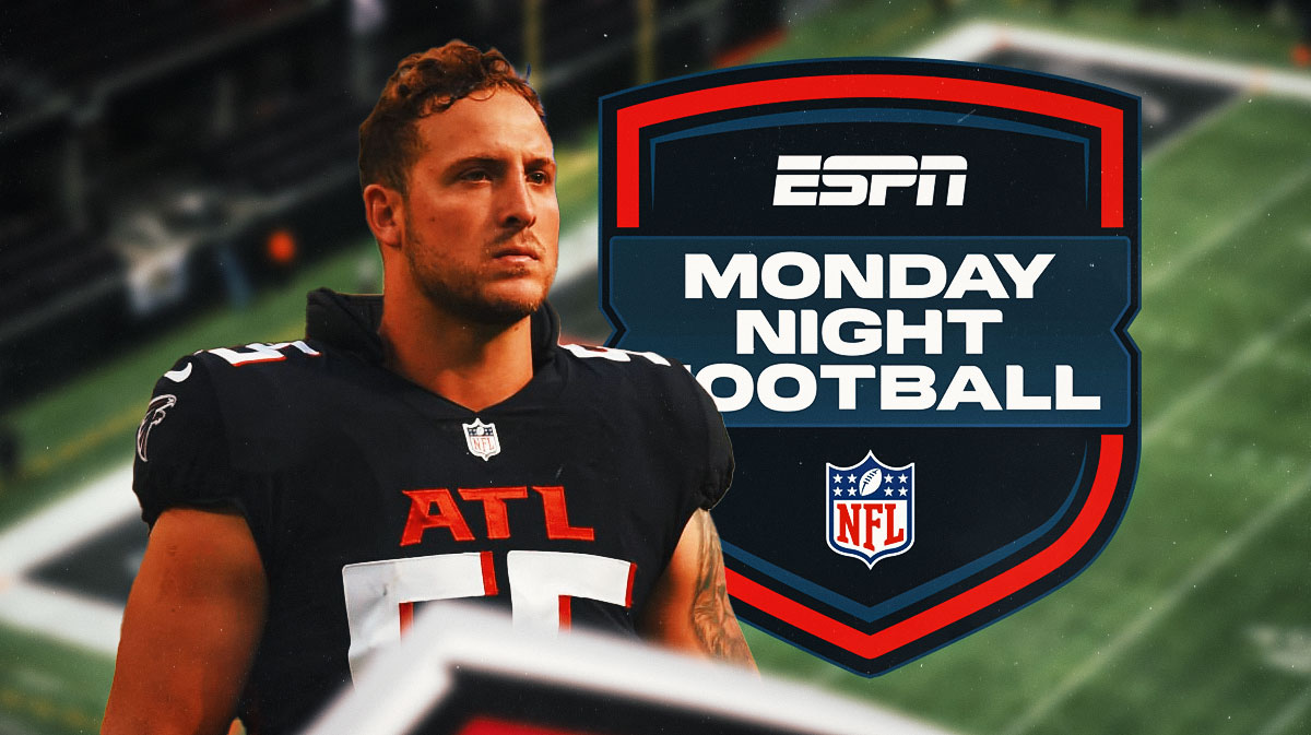 Falcons linebacker Nate Landman next to the Monday Night Football logo & Falcons logo in the background of a football field