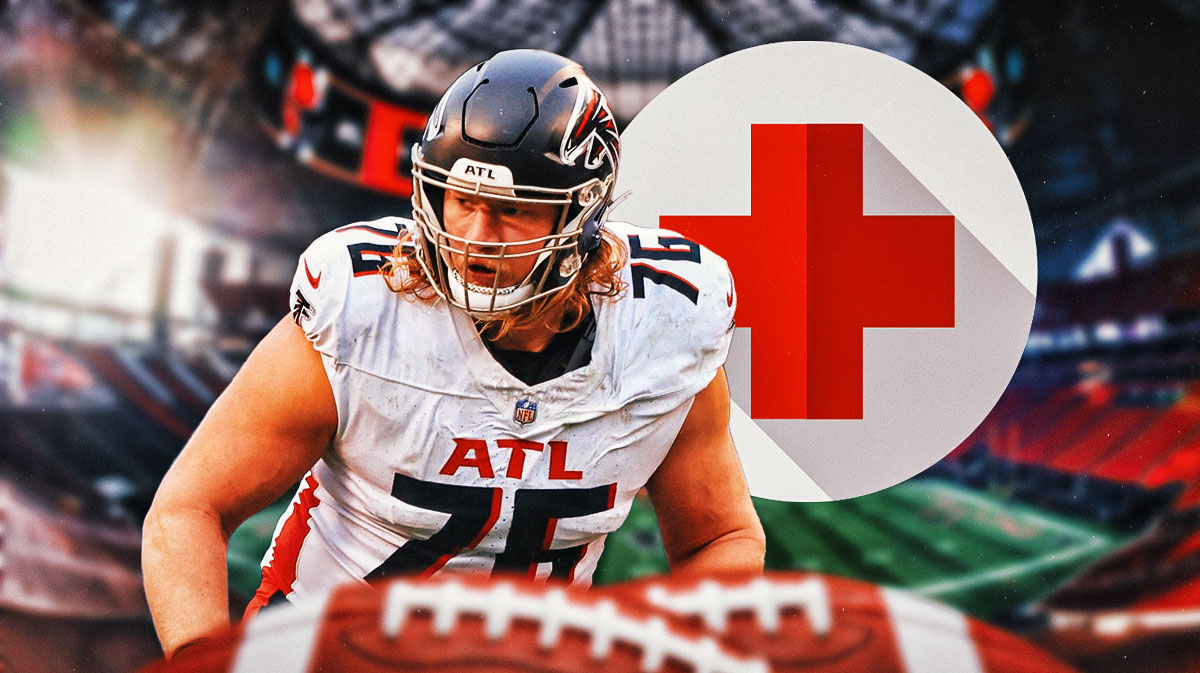 Kaleb McGary in Falcons uniform with Red Cross medical symbol next to him