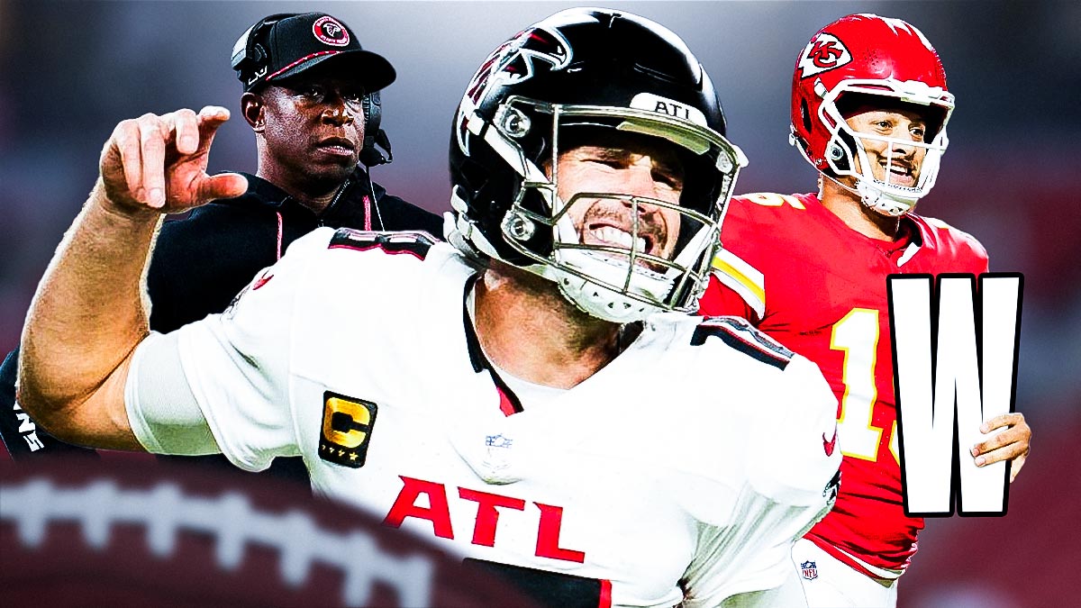 Falcons Kirk Cousins looking upset next to head coach Raheem Morris in Mercedes Benz stadium as the Patrick Mahomes steals a W