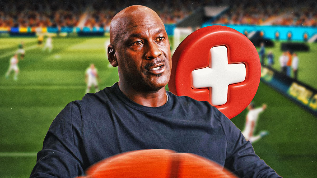 Michael Jordan with yellow eyes at a Barcelona game with the health logo next to him