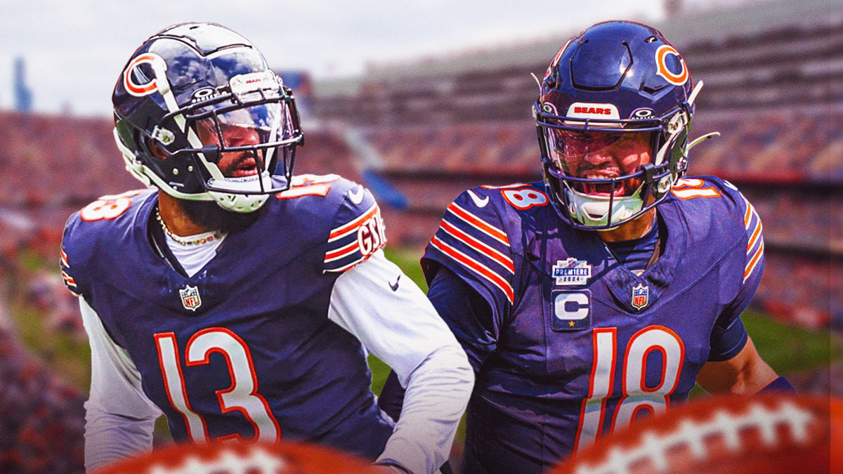 Keenan Allen (Bears) next to Caleb Williams with the Bears stadium as the background.