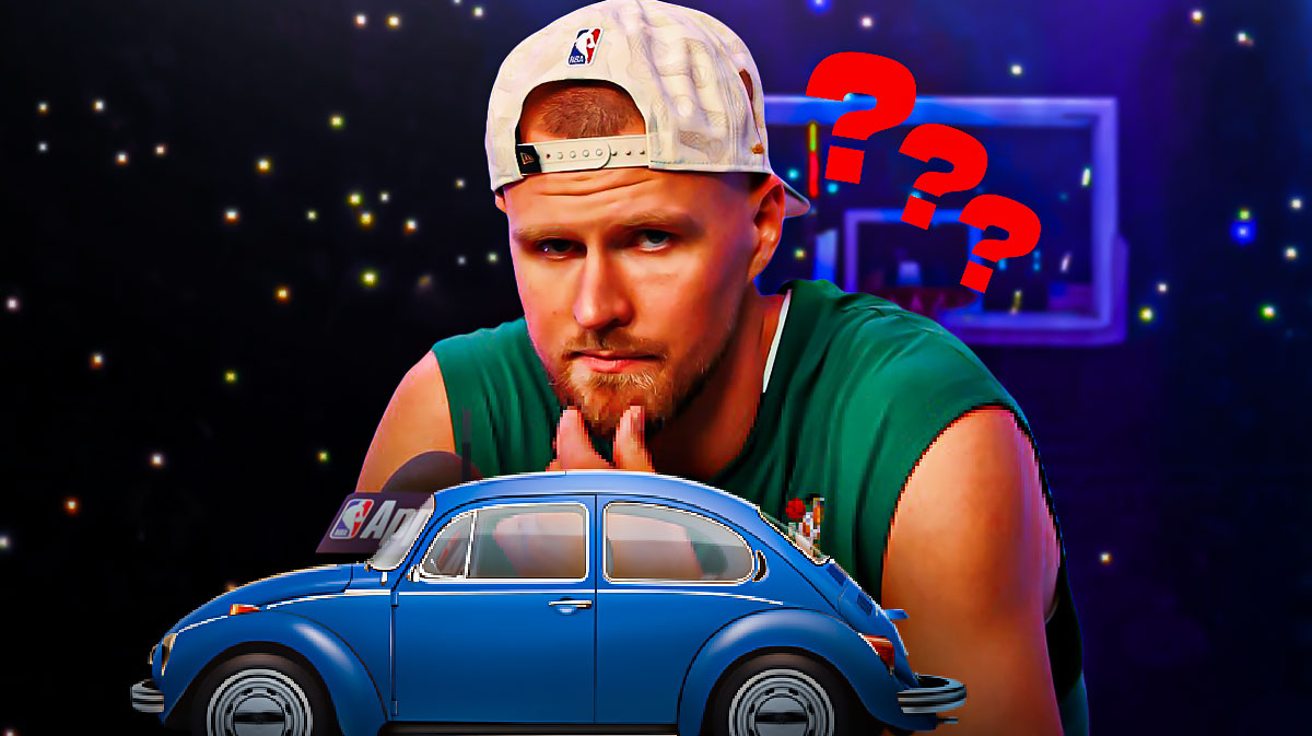 Kristaps Porzingis pondering a car in his hand surrounded by question marks featuring a Boston Celtics bg