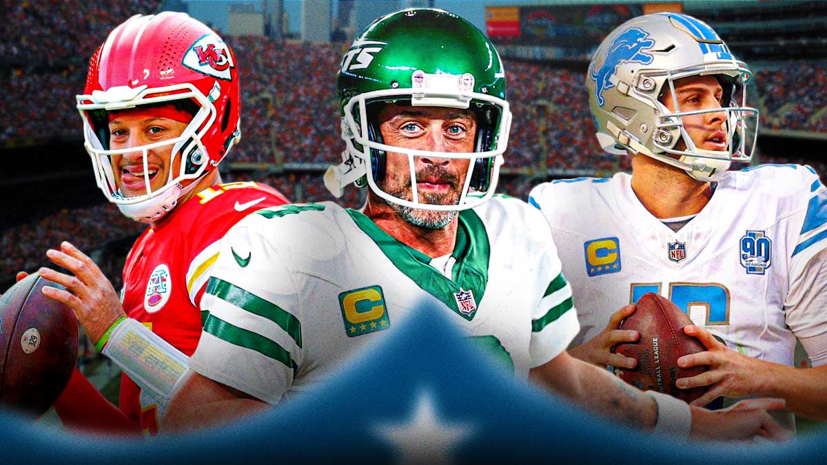 Aaron Rodgers (Jets), Patrick Mahomes, Jared Goff all stand next to each other