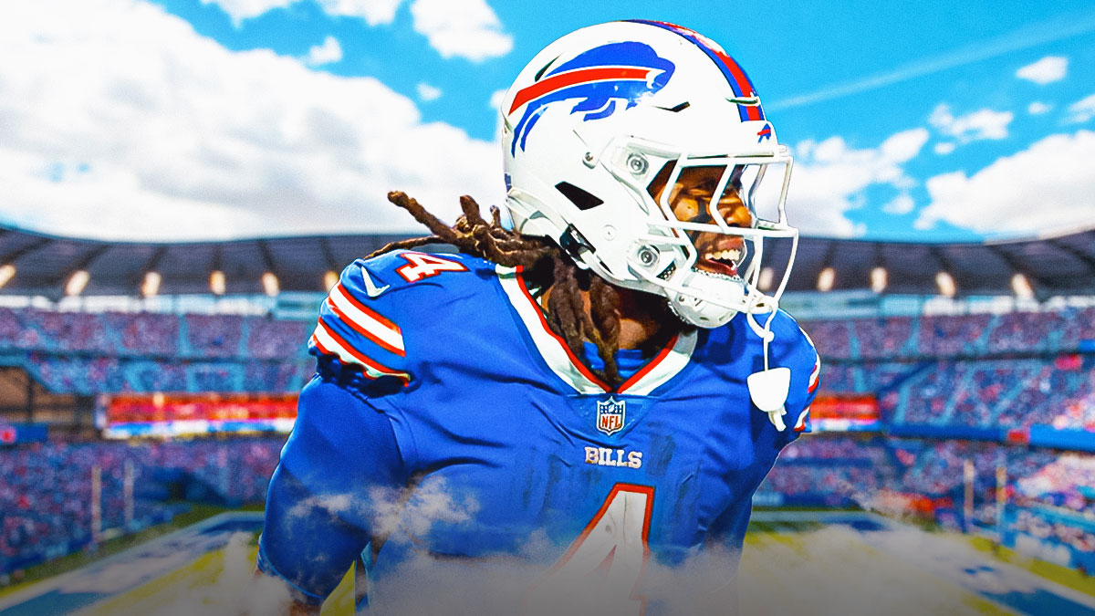 James Cook smiles in Bills jersey