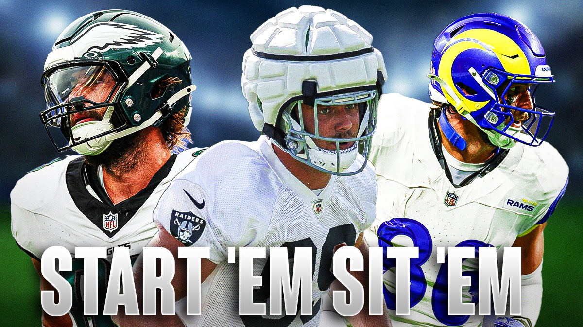 Colby Parkinson, Brock Bowers, and Dallas Goedert with "Start 'Em Sit 'Em" written underneath