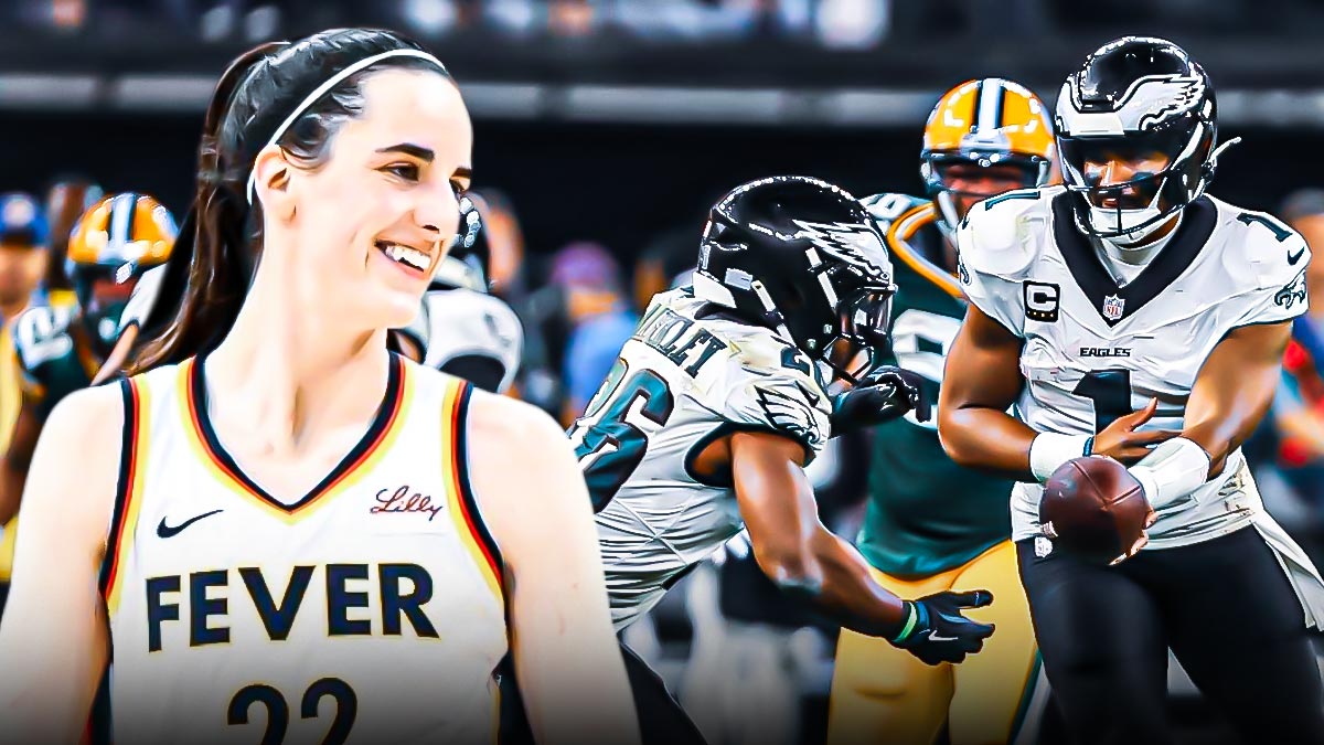 Indiana Fever star Caitlin Clark and Philadelphia Eagles' Saquon Barkley and Jalen Hurts