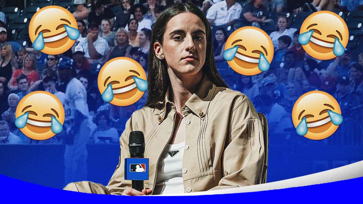 Caitlin Clark in an MLB press box with a baseball game in background. Have her holding a microphone like she is announcing the game. Place the laughing emoji all over image.