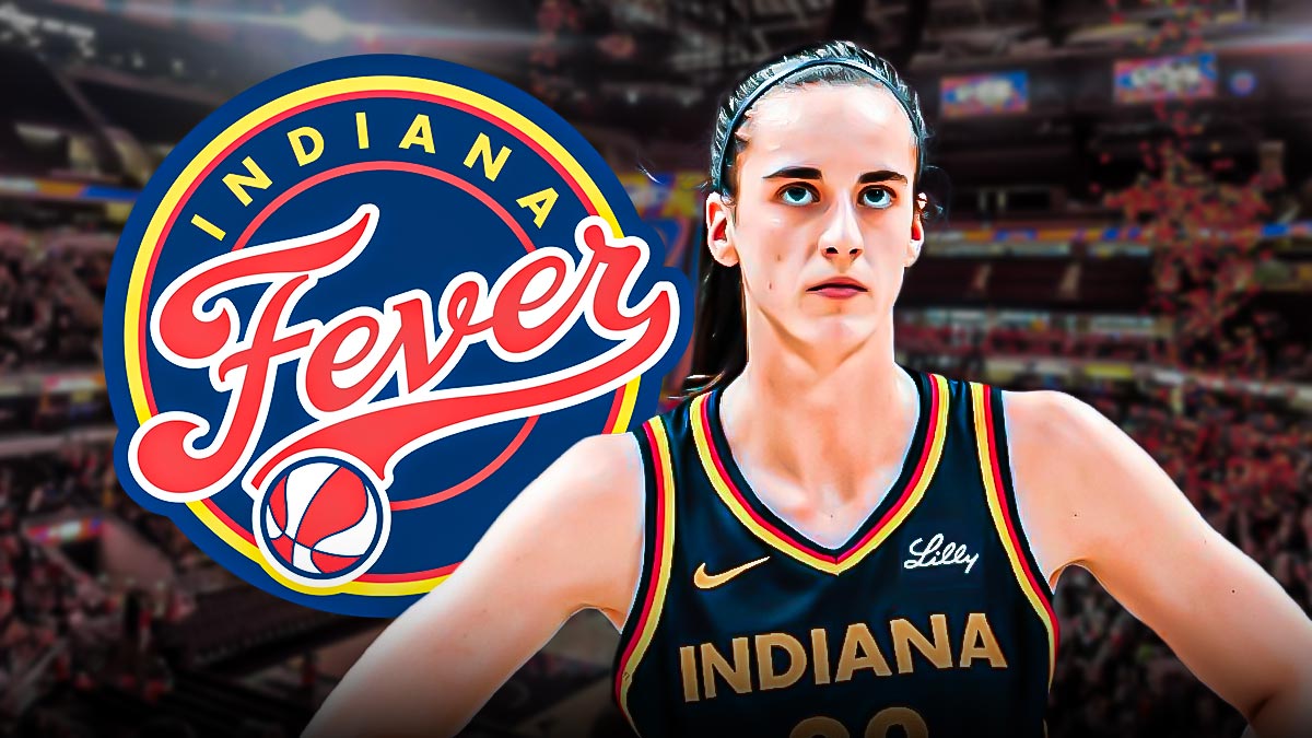 Indiana Fever logo on left side, Indiana Fever guard Caitlin Clark looking upset on right side, Gainbridge Fieldhouse (home arena of Indiana Fever) in background