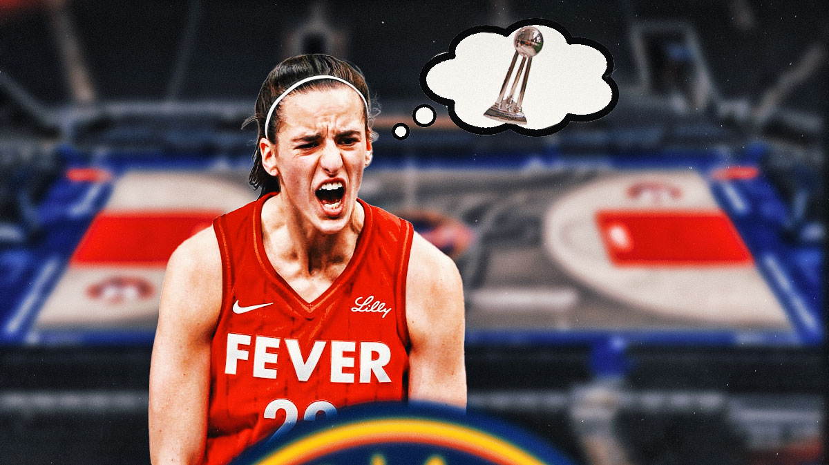 Fever's Caitlin Clark hyped up, with thought bubble on her containing image of WNBA Finals trophy