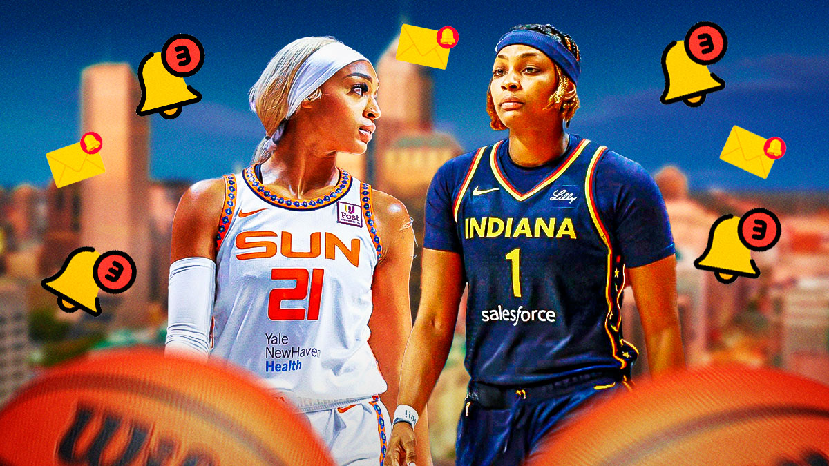 Connecticut Sun guard DiJonai Carrington, and Indiana Fever forward NaLyssa Smith, well cellphone emojis and notification emojis around them.