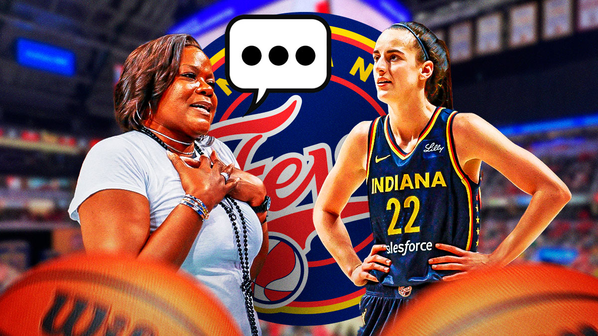 Former WNBA player Sheryl Swoopes with Indiana Fever guard Caitlin Clark. Sheryl Swoopes has a speech bubble with the three dots emoji inside. There is also a logo for the Indiana Fever.