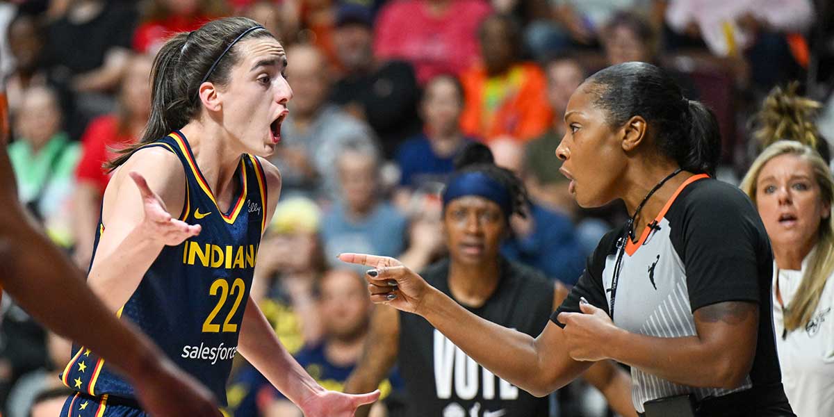 Indiana Fever guard Caitlin Clark (22) receives a technical foul during the second quarter during game one of the first round of the 2024 WNBA Playoffs at Mohegan Sun Arena.