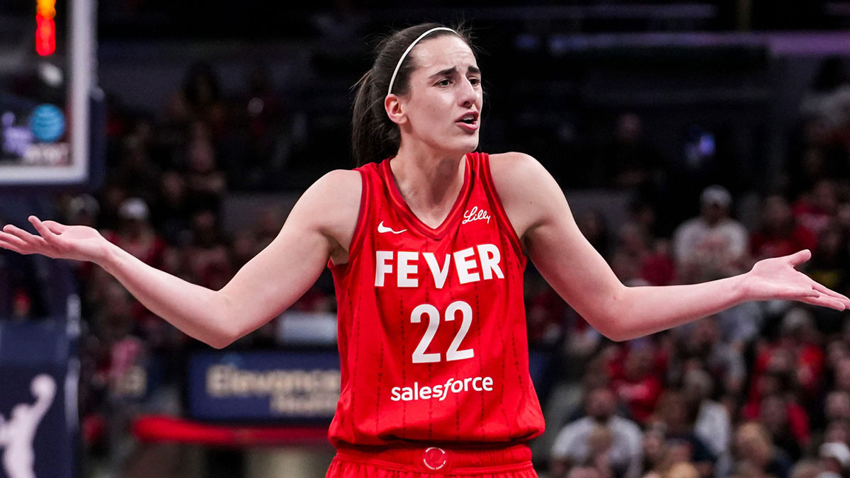 Indiana Fever guard Caitlin Clark (22) reacts to a call Friday, Sept. 13, 2024, during a game between the Indiana Fever and the Las Vegas Aces on Friday, Sept. 13, 2024, at Gainbridge Fieldhouse in Indianapolis.