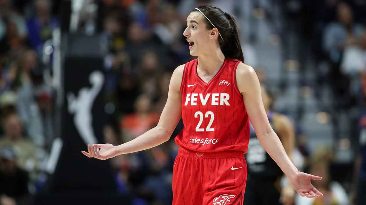 Indiana Fever guard Caitlin Clark (22) reacts during the second half against the Connecticut Sun during game two of the first round of the 2024 WNBA Playoffs at Mohegan Sun Arena.