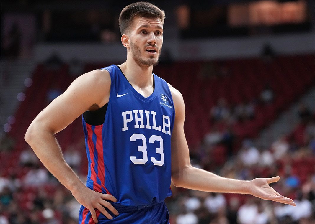 Philadelphia 76ers forward Filip Petrusev (33) reacts during an NBA Summer League game against the Brooklyn Nets at T&M.