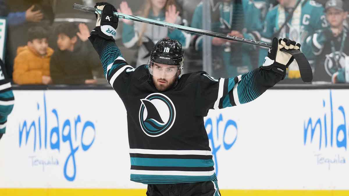 San Jose Sharks right wing Filip Zadina (18) warms up while wearing the new cali fin jersey before the game against the Columbus Blue Jackets at SAP Center at San Jose.
