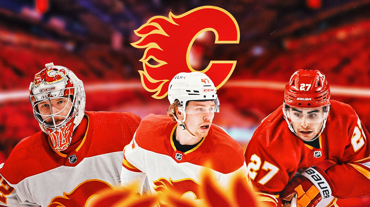 Dustin Wolf, Connor Zary, and Matthew Coronato in front of a Flames logo and ice rink.