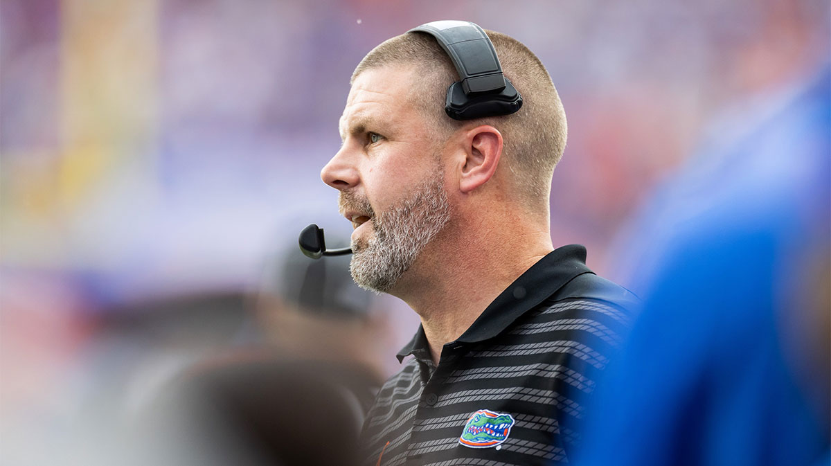 Florida Gators head coach Billy Napier looks on against the Texas A&M Aggies during the first half at Ben Hill Griffin Stadium.