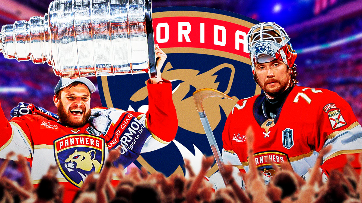 Aleksandar Barkov and Sergei Bobrovsky with the Panthers logo