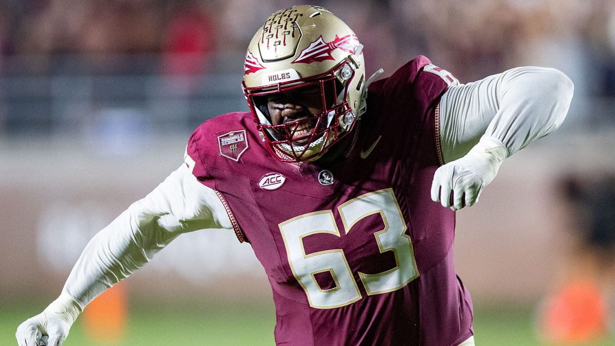 Florida State Seminoles offensive lineman Jeremiah Byers (63) celebrates a first down.