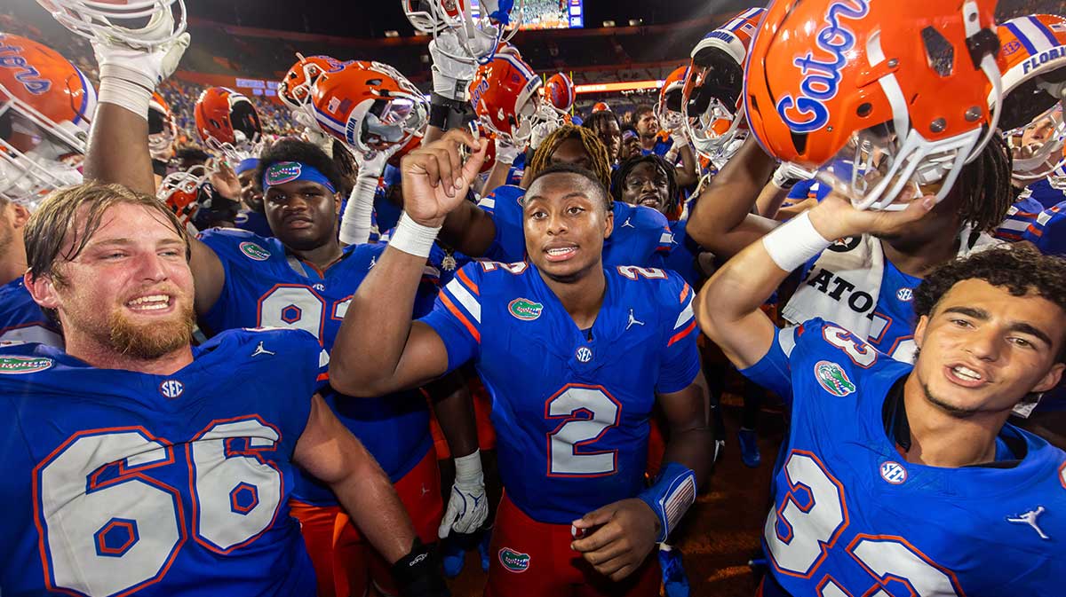 Florida Gators quarterback DJ Lagway (2) celebrates with teammates at Ben Hill Griffin Stadium in Gainesville, FL on Saturday, September 7, 2024 after defeating Samford Bulldogs 45-7.