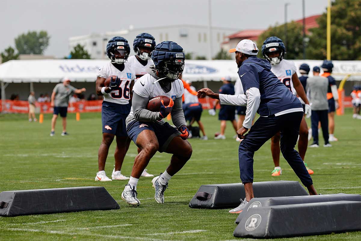 Denver Broncos running back Samaje Perine (25) during training camp at Broncos Park Powered by CommonSpirit.