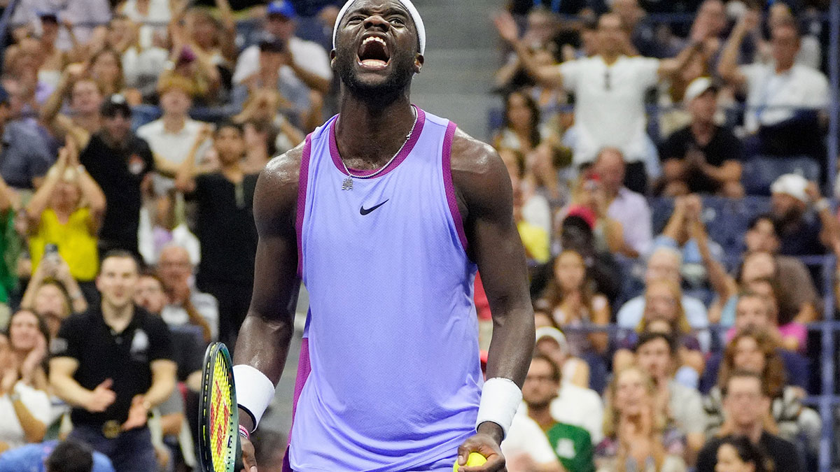 Frances Tiafoe (USA) reacts to a winner in the 4th set against Alexei Popyrin (AUS) on day seven of the 2024 U.S. Open tennis tournament at USTA Billie Jean King National Tennis Center.