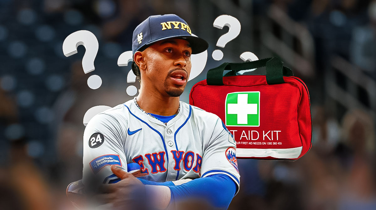 New York Mets shortstop Francisco Lindor with first-aid kits and question-mark emojis around him.