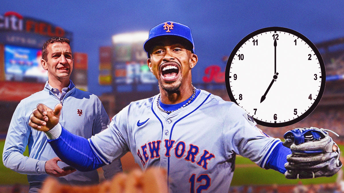 Francisco Lindor (Mets) in foreground. David Stearns (Mets president) in background with clock that displays 7:00. Citi Field behind them.