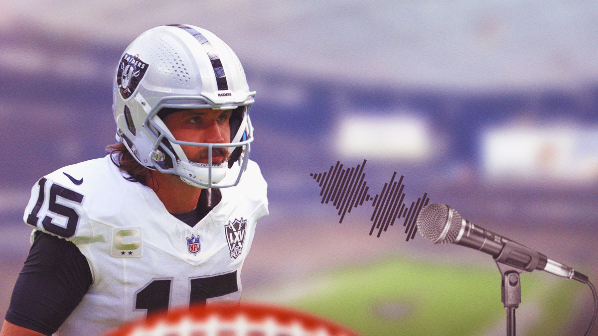 Gardner Minshew in a Las Vegas Raiders uniform looking unhappy next to a microphone with noise waives coming out of it as a hot mic caught a reporter bad-mouthing the Raiders Minshew, expecting the raiders QB to get a beating against the ravens.