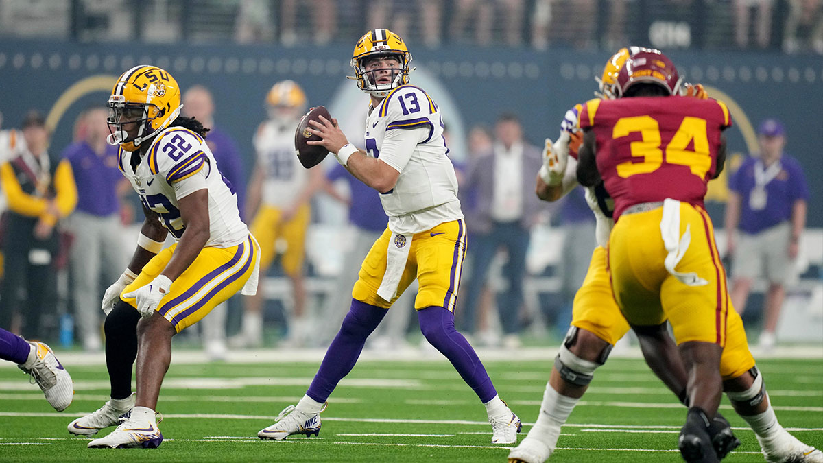 LSU Tigers quarterback Garrett Nussmeier (13) throws the ball in the first half against the Southern California Trojans at Allegiant Stadium