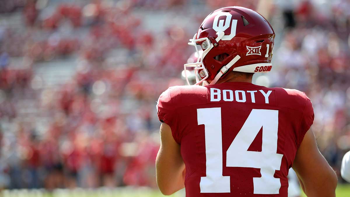 Oklahoma's General Booty (14) warms up before the college football game between the University of Oklahoma Sooners and the Southern Methodist University Mustangs at the Gaylord Family Oklahoma Memorial Stadium in Norman, Okla., Saturday, Sept. 9, 2023.