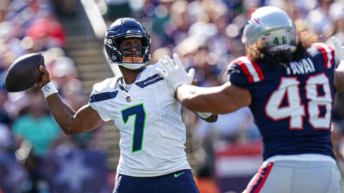 Sep 15, 2024; Foxborough, Massachusetts, USA; Seattle Seahawks quarterback Geno Smith (7) throws a pass against the New England Patriots in the second half at Gillette Stadium.