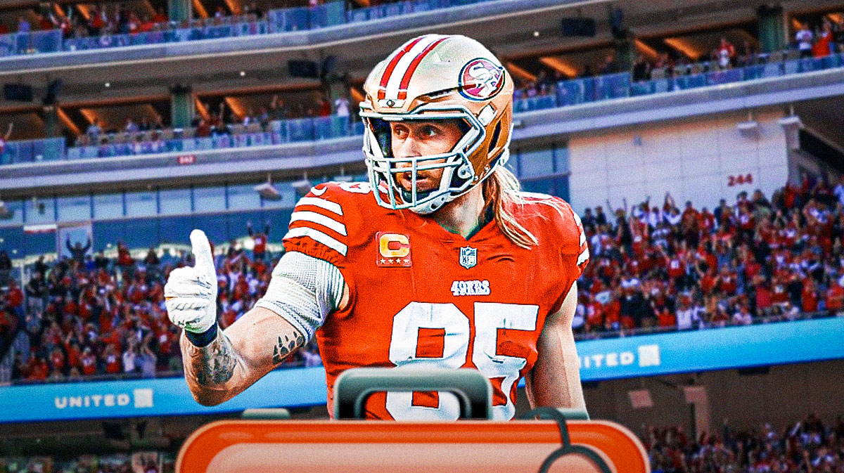 San Francisco 49ers tight end George Kittle with a green injury symbol. There is also a logo for the San Francisco 49ers.