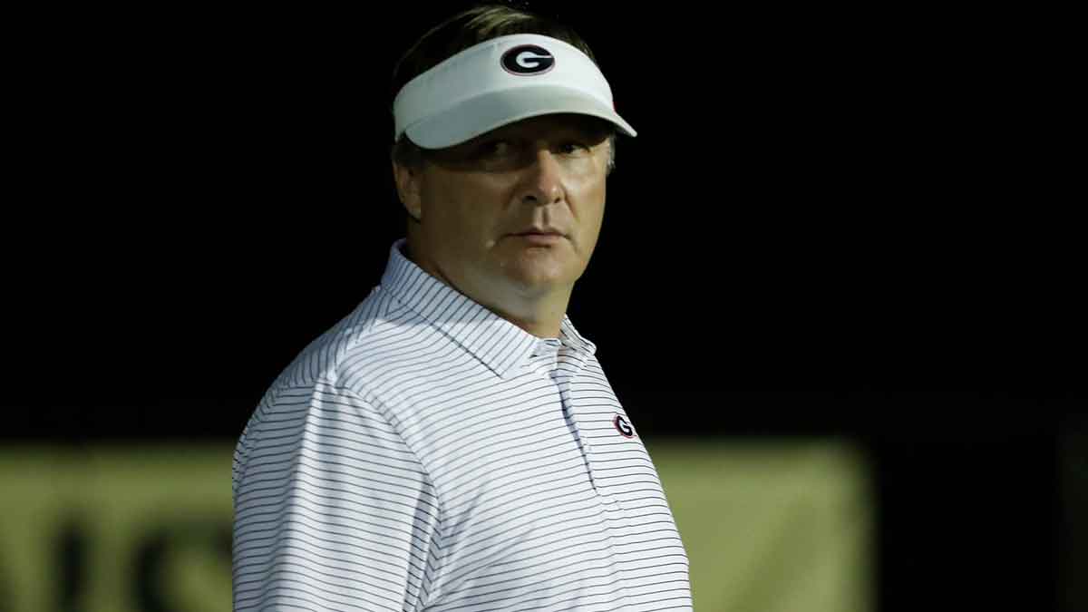 Georgia football coach Kirby Smart stopped by to watch some of the second half during a GHSA high school football game between Athens Academy and Commerce in Commerce, Ga.